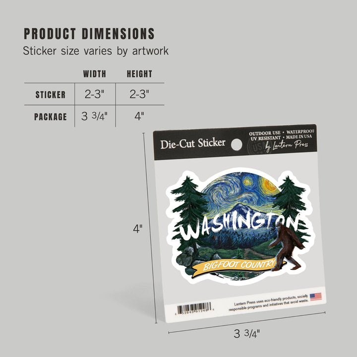 Washington, Bigfoot Country, Starry Night, Contour, Lantern Press Artwork, Vinyl Sticker Sticker Lantern Press