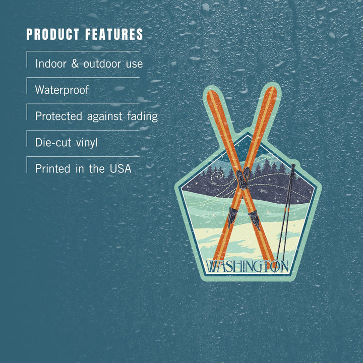 Washington, Crossed Skis, Letterpress, Contour, Lantern Press Artwork, Vinyl Sticker Sticker Lantern Press