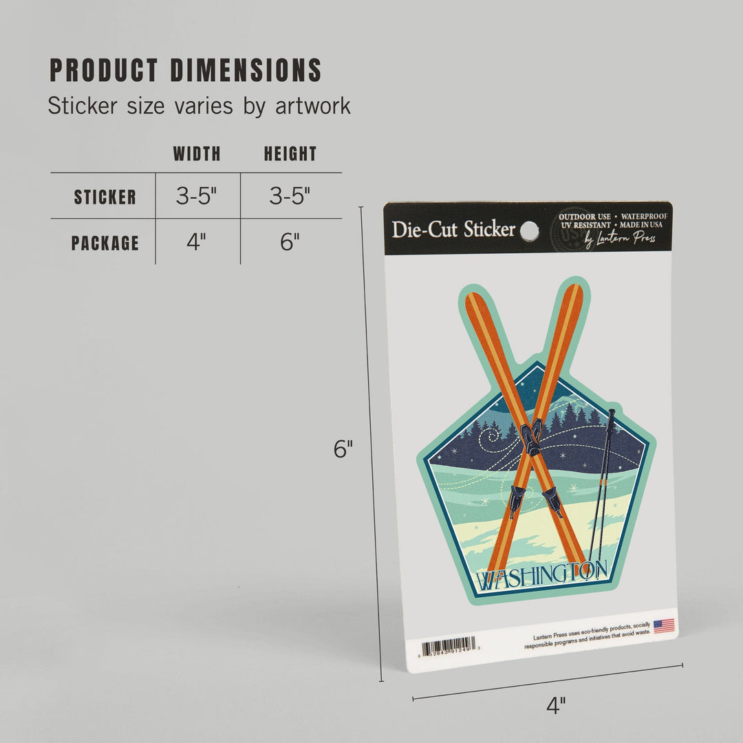 Washington, Crossed Skis, Letterpress, Contour, Lantern Press Artwork, Vinyl Sticker Sticker Lantern Press