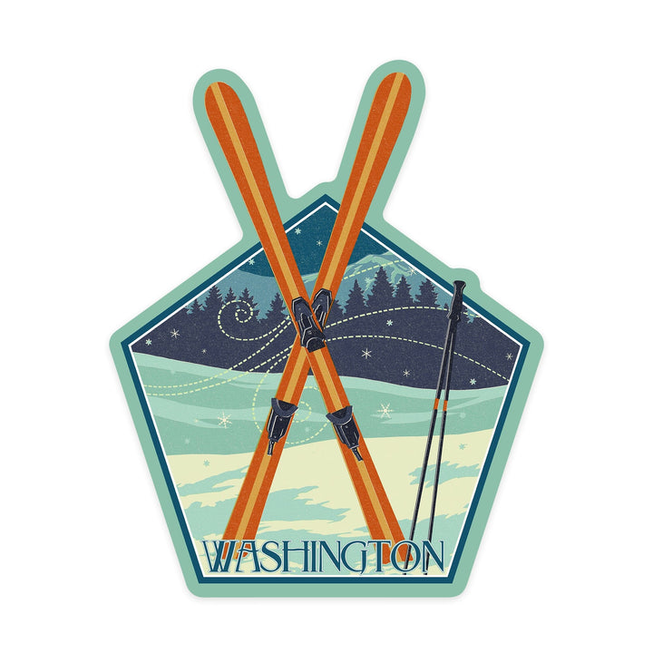 Washington, Crossed Skis, Letterpress, Contour, Lantern Press Artwork, Vinyl Sticker Sticker Lantern Press
