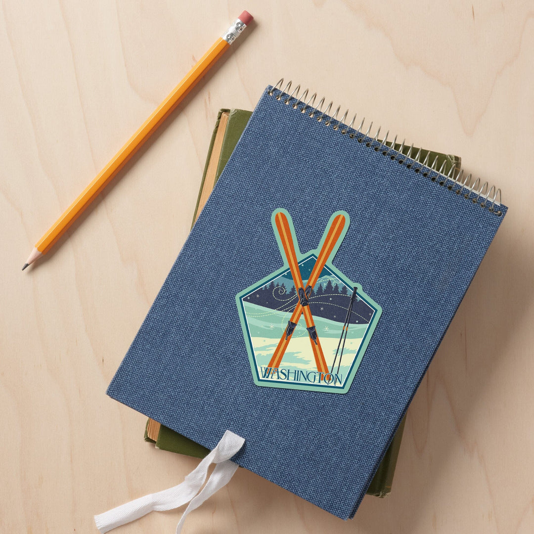 Washington, Crossed Skis, Letterpress, Contour, Lantern Press Artwork, Vinyl Sticker Sticker Lantern Press