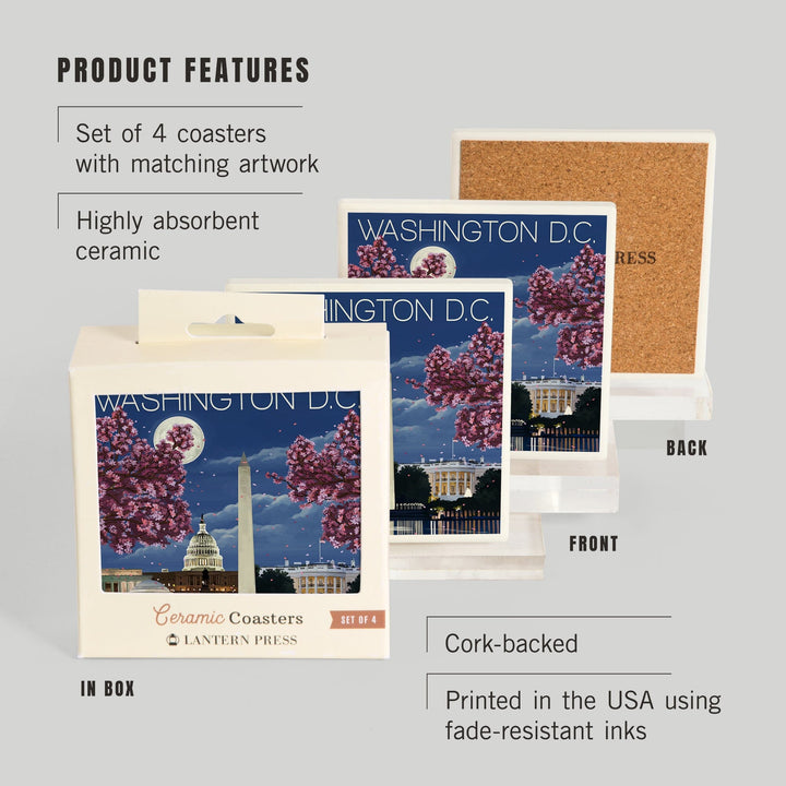 Washington, DC, Night Scene, Coasters Coasters Lantern Press