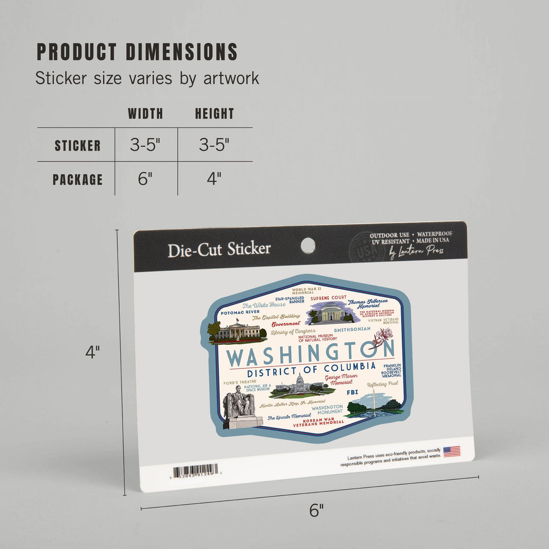 Washington, DC, Typography & Icons, Contour, Lantern Press Artwork, Vinyl Sticker Sticker Lantern Press