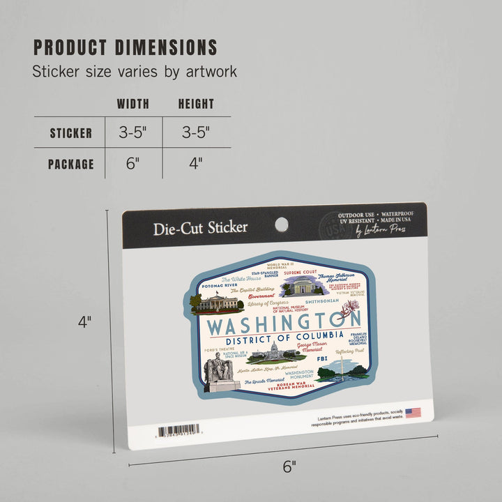Washington, DC, Typography & Icons, Contour, Lantern Press Artwork, Vinyl Sticker Sticker Lantern Press