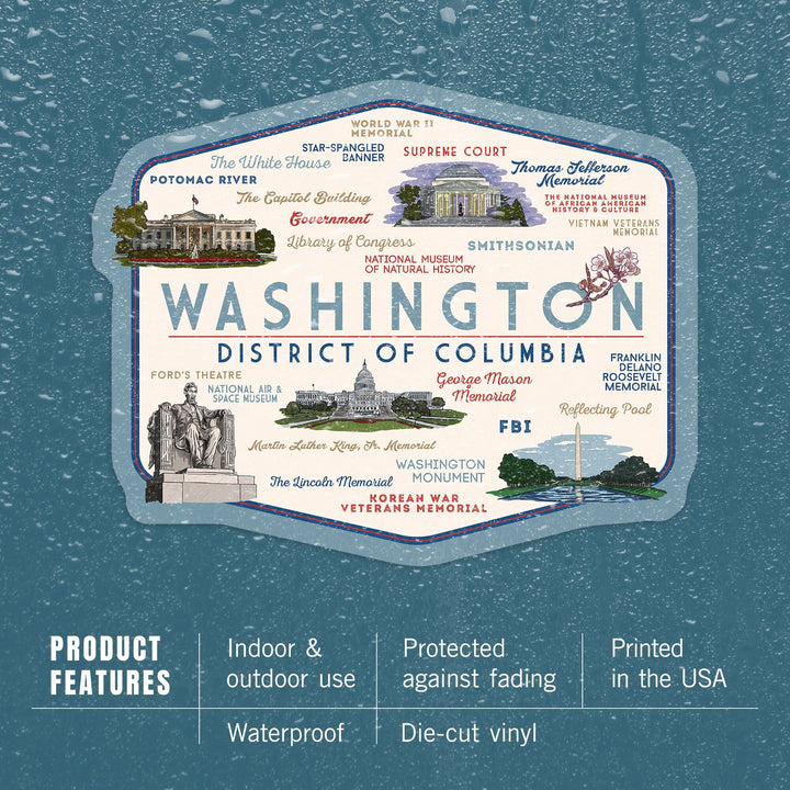 Washington, DC, Typography & Icons, Contour, Lantern Press Artwork, Vinyl Sticker Sticker Lantern Press
