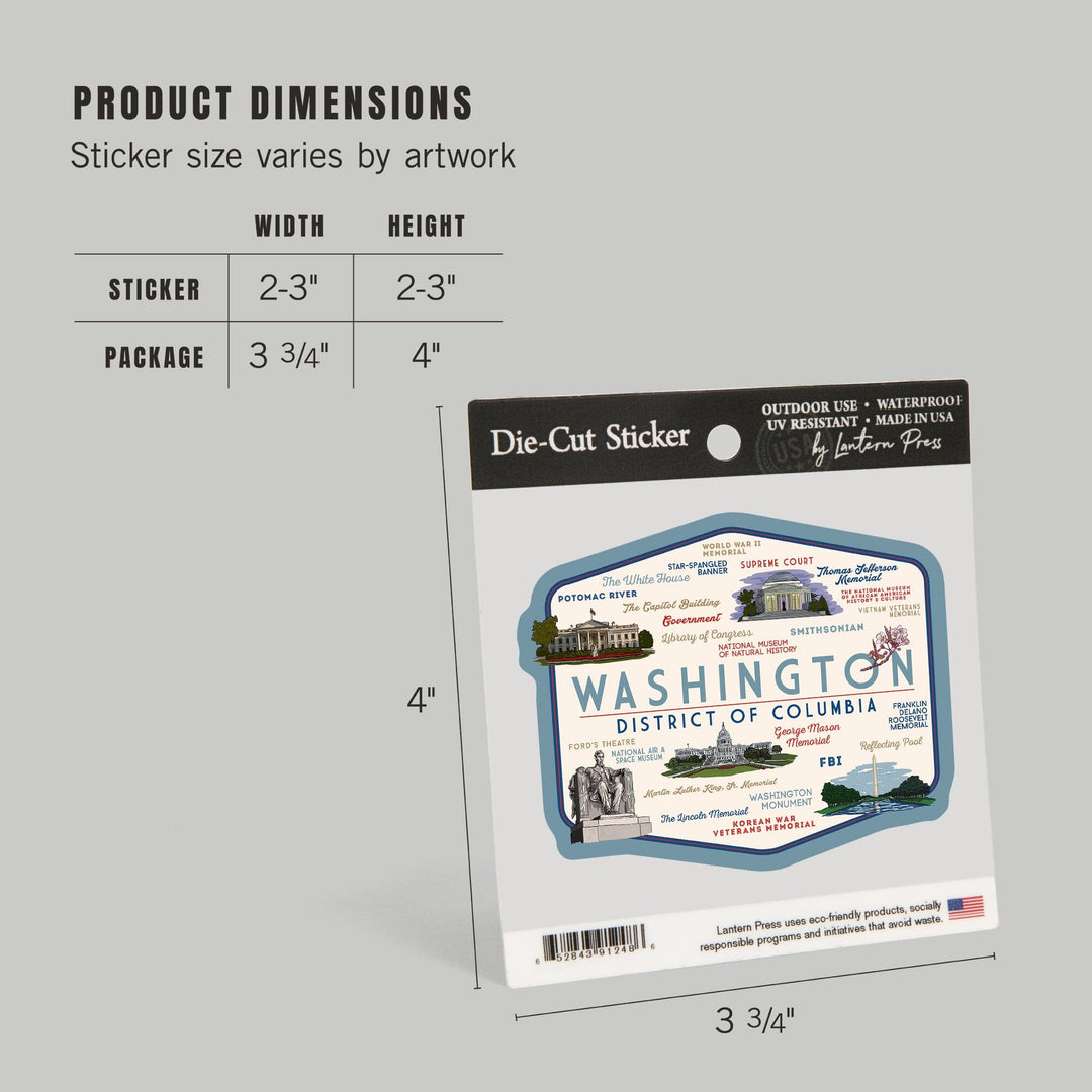 Washington, DC, Typography & Icons, Contour, Lantern Press Artwork, Vinyl Sticker Sticker Lantern Press