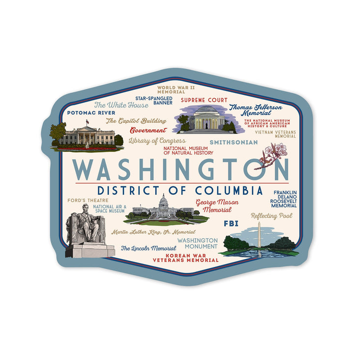 Washington, DC, Typography & Icons, Contour, Lantern Press Artwork, Vinyl Sticker Sticker Lantern Press