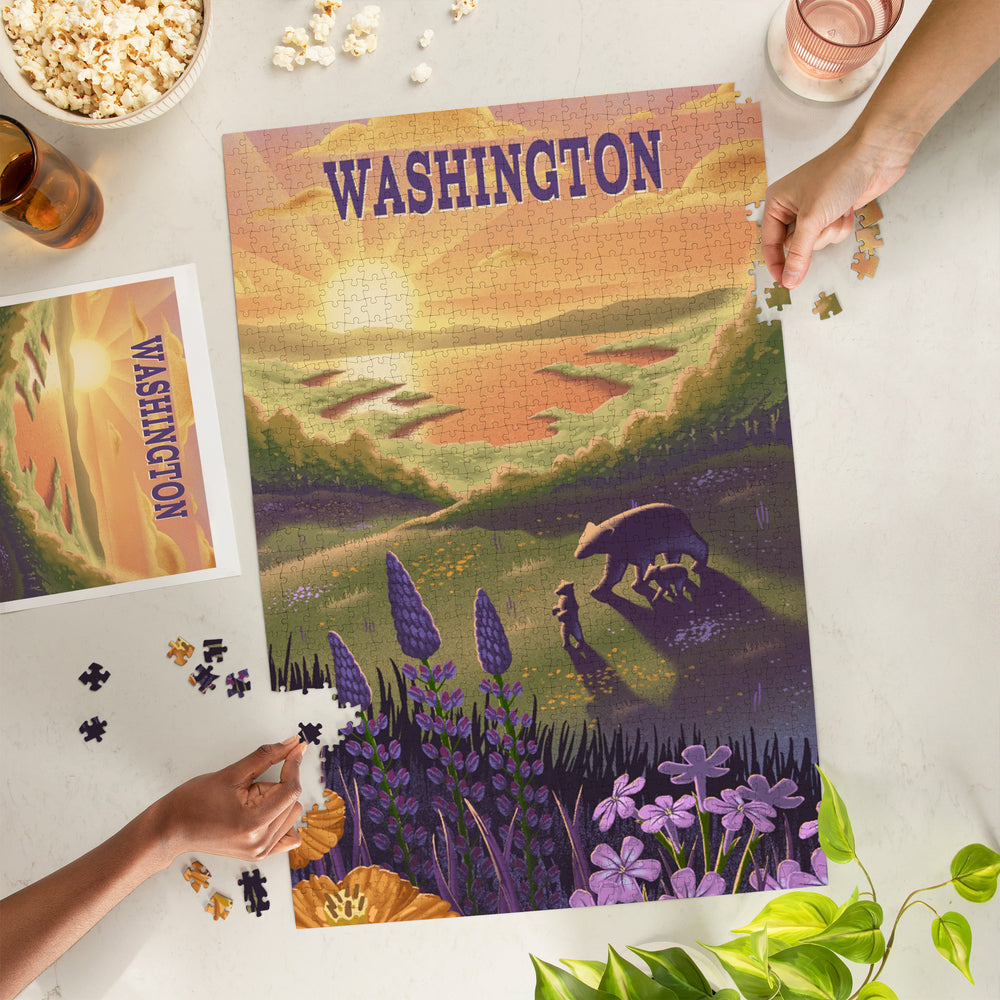 Washington, Lithograph, Bear and Spring Flowers, Lake, Jigsaw Puzzle Puzzle Lantern Press