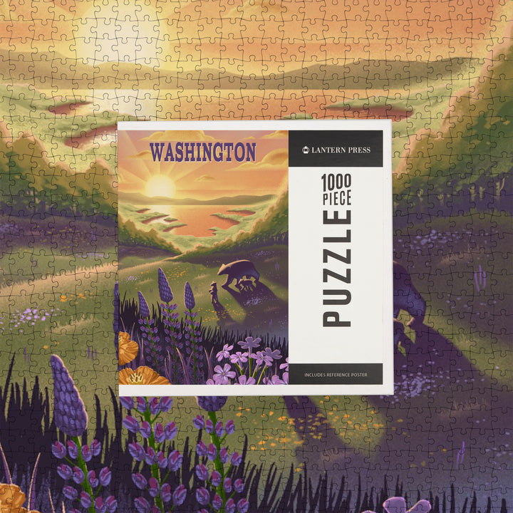 Washington, Lithograph, Bear and Spring Flowers, Lake, Jigsaw Puzzle Puzzle Lantern Press