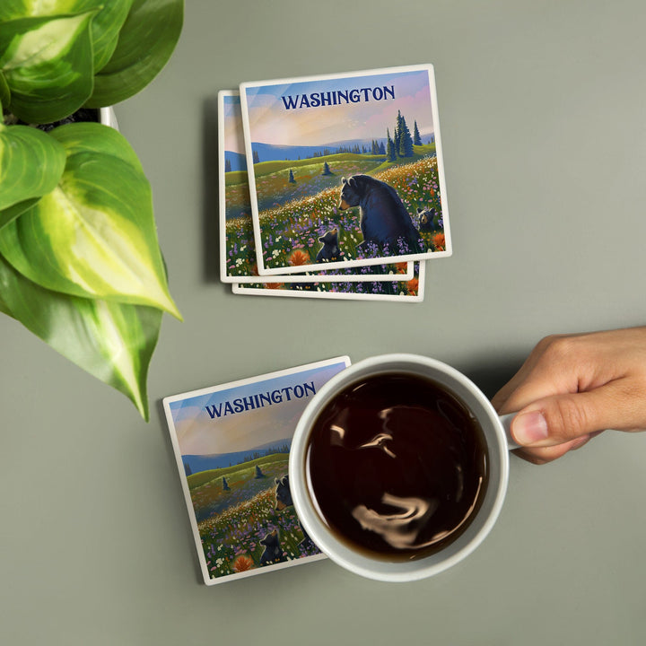 Washington, Lithograph, Bear Family in Field, Coasters Coasters Lantern Press