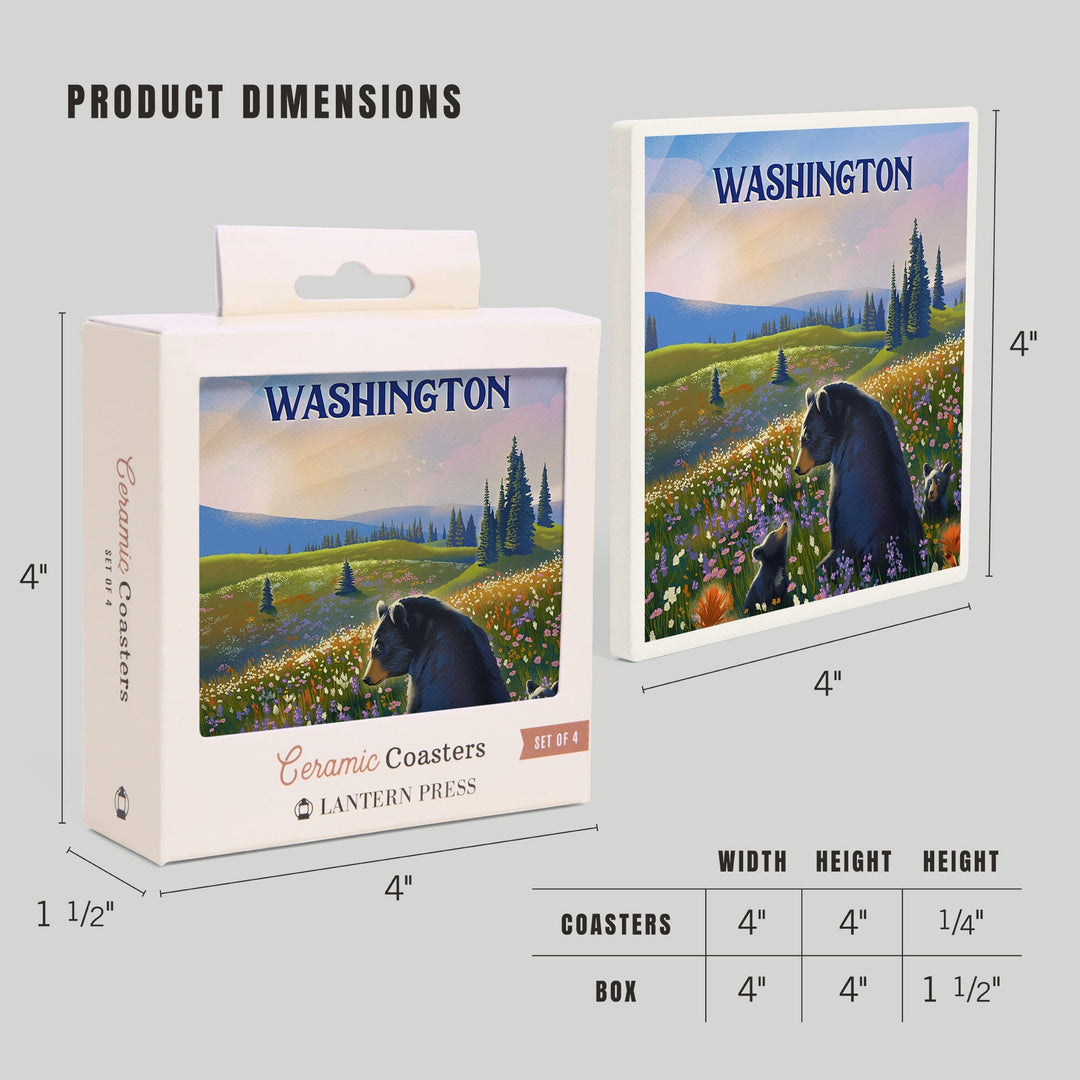 Washington, Lithograph, Bear Family in Field, Coasters Coasters Lantern Press