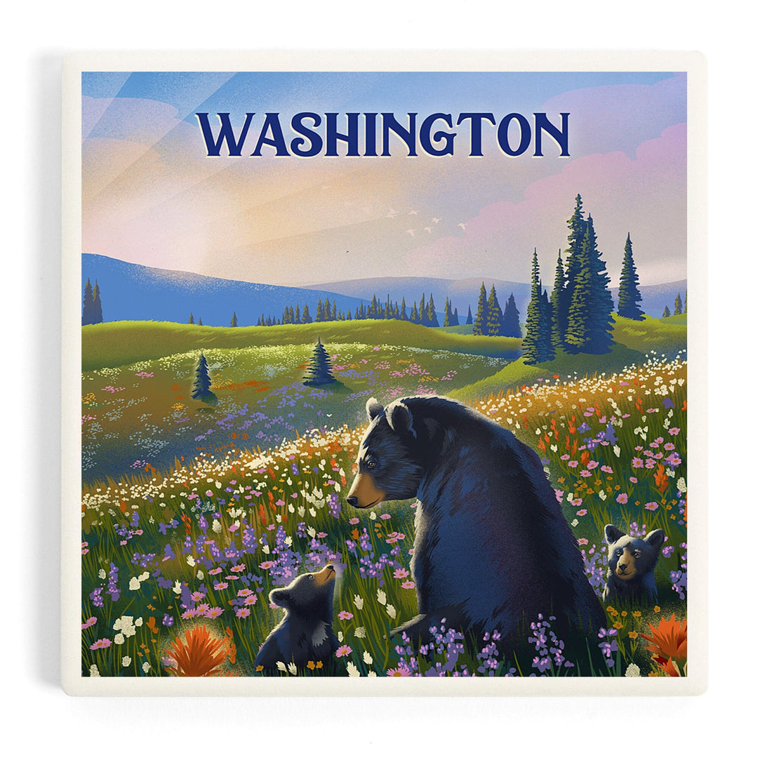 Washington, Lithograph, Bear Family in Field, Coasters Coasters Lantern Press