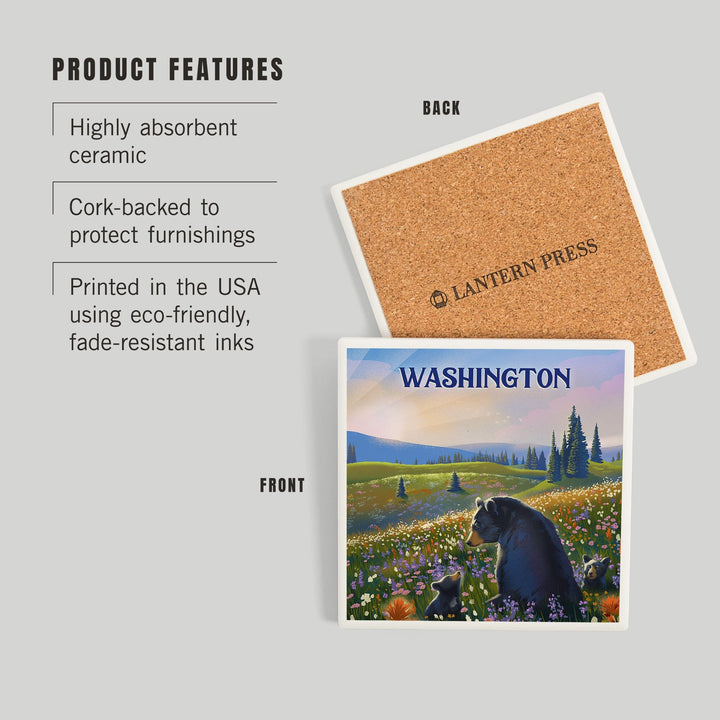 Washington, Lithograph, Bear Family in Field, Coasters Coasters Lantern Press