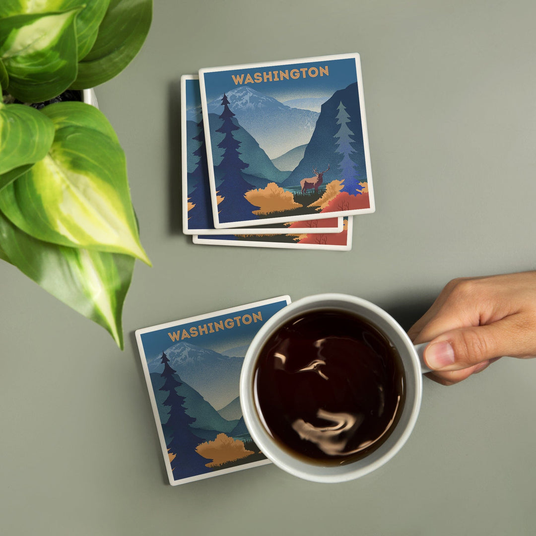 Washington, Lithograph, Elk and Mountains Scene, Coasters Coasters Lantern Press