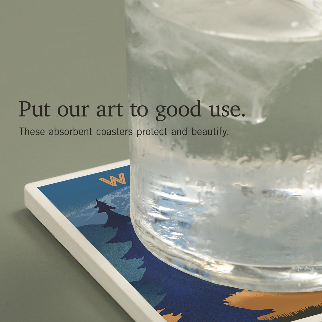 Washington, Lithograph, Elk and Mountains Scene, Coasters Coasters Lantern Press