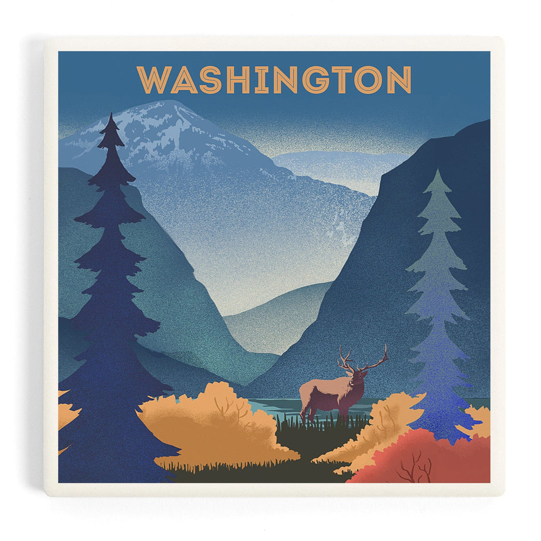 Washington, Lithograph, Elk and Mountains Scene, Coasters Coasters Lantern Press Coaster