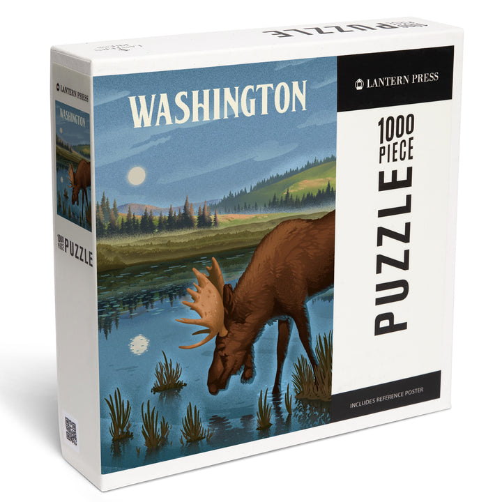 Washington, Lithograph, Reflection Pond and Bull Moose, Jigsaw Puzzle Puzzle Lantern Press
