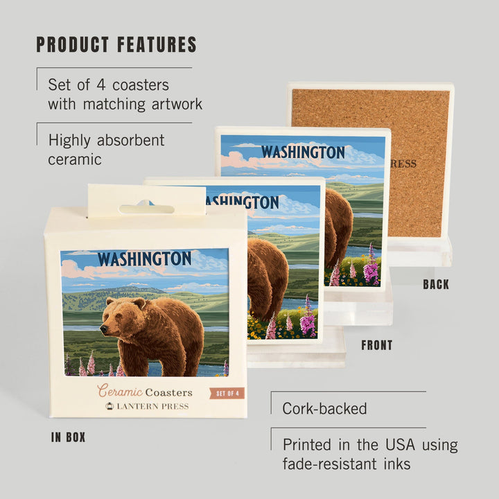 Washington, Painterly, Grizzly Bear in Meadow, Coasters Coasters Lantern Press