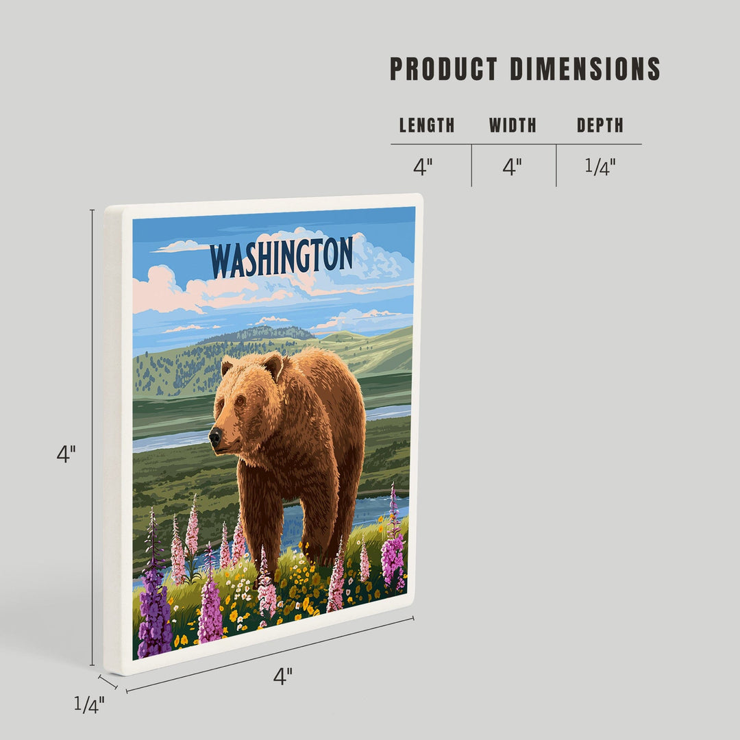 Washington, Painterly, Grizzly Bear in Meadow, Coasters Coasters Lantern Press