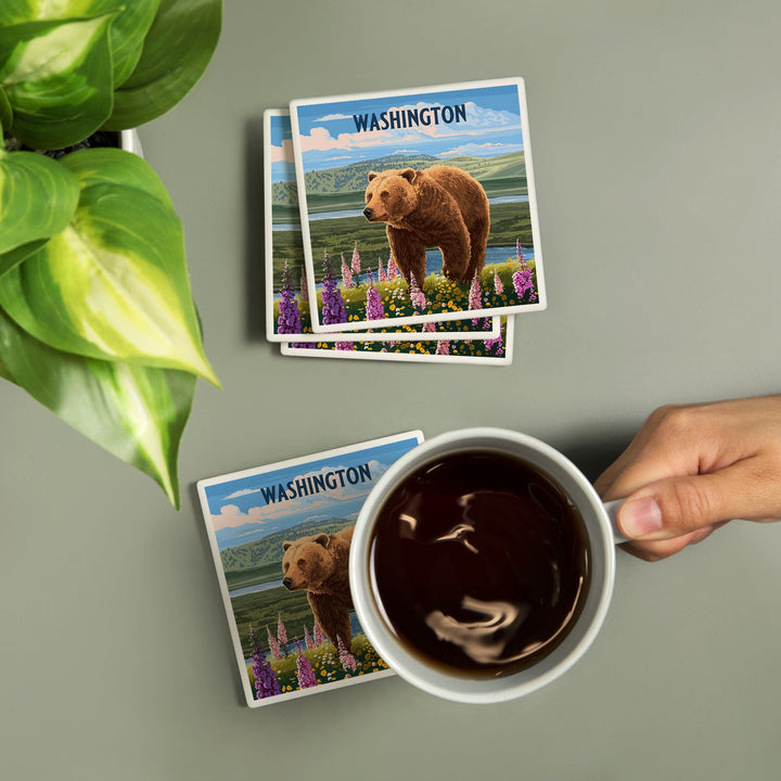 Washington, Painterly, Grizzly Bear in Meadow, Coasters Coasters Lantern Press