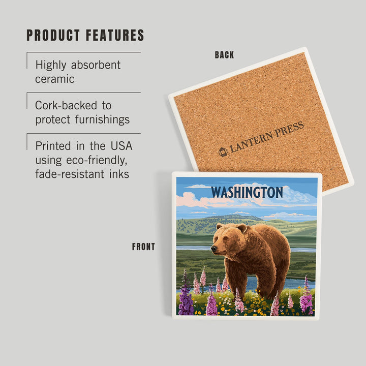 Washington, Painterly, Grizzly Bear in Meadow, Coasters Coasters Lantern Press