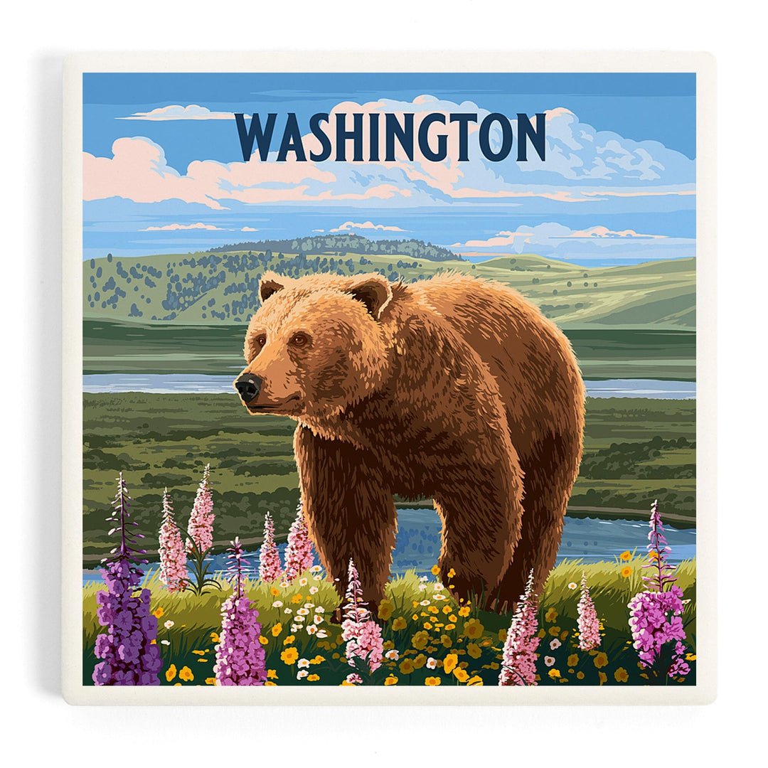 Washington, Painterly, Grizzly Bear in Meadow, Coasters Coasters Lantern Press Coaster