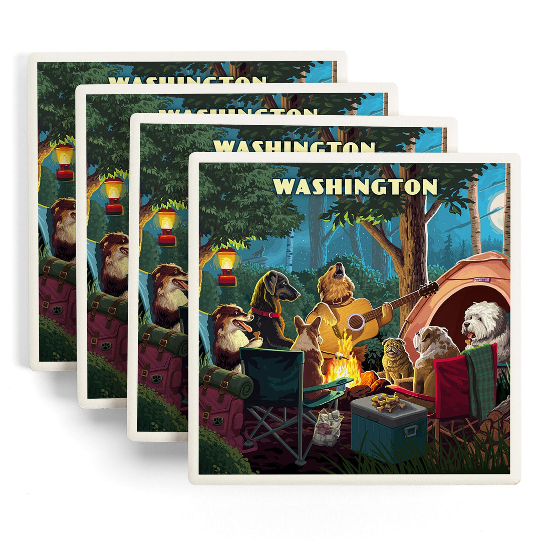 Washington, Painterly, Pack Life, Dogs Around Campfire, Coasters Coasters Lantern Press