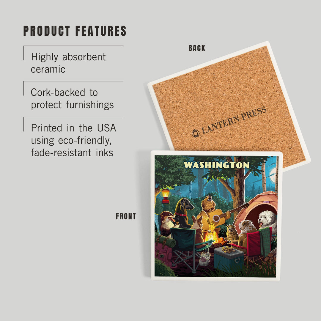Washington, Painterly, Pack Life, Dogs Around Campfire, Coasters Coasters Lantern Press