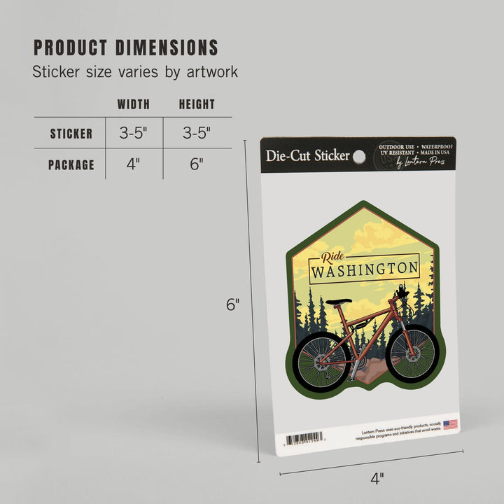 Washington, Ride the Trails, Mountain Bike, Contour, Lantern Press Artwork, Vinyl Sticker Sticker Lantern Press
