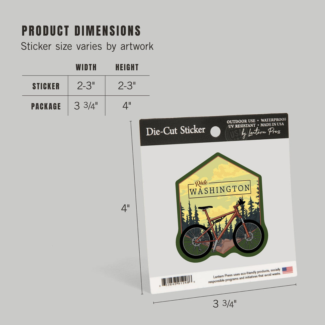Washington, Ride the Trails, Mountain Bike, Contour, Lantern Press Artwork, Vinyl Sticker Sticker Lantern Press