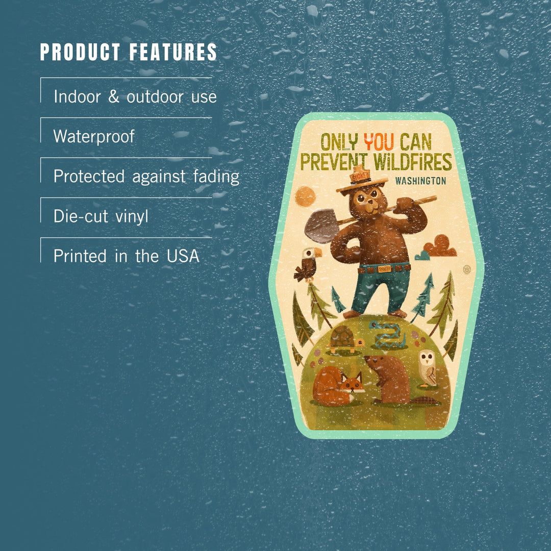 Washington, Smokey Bear with Shovel, Only You can prevent Wildfires, Contour, Vinyl Sticker Sticker Lantern Press