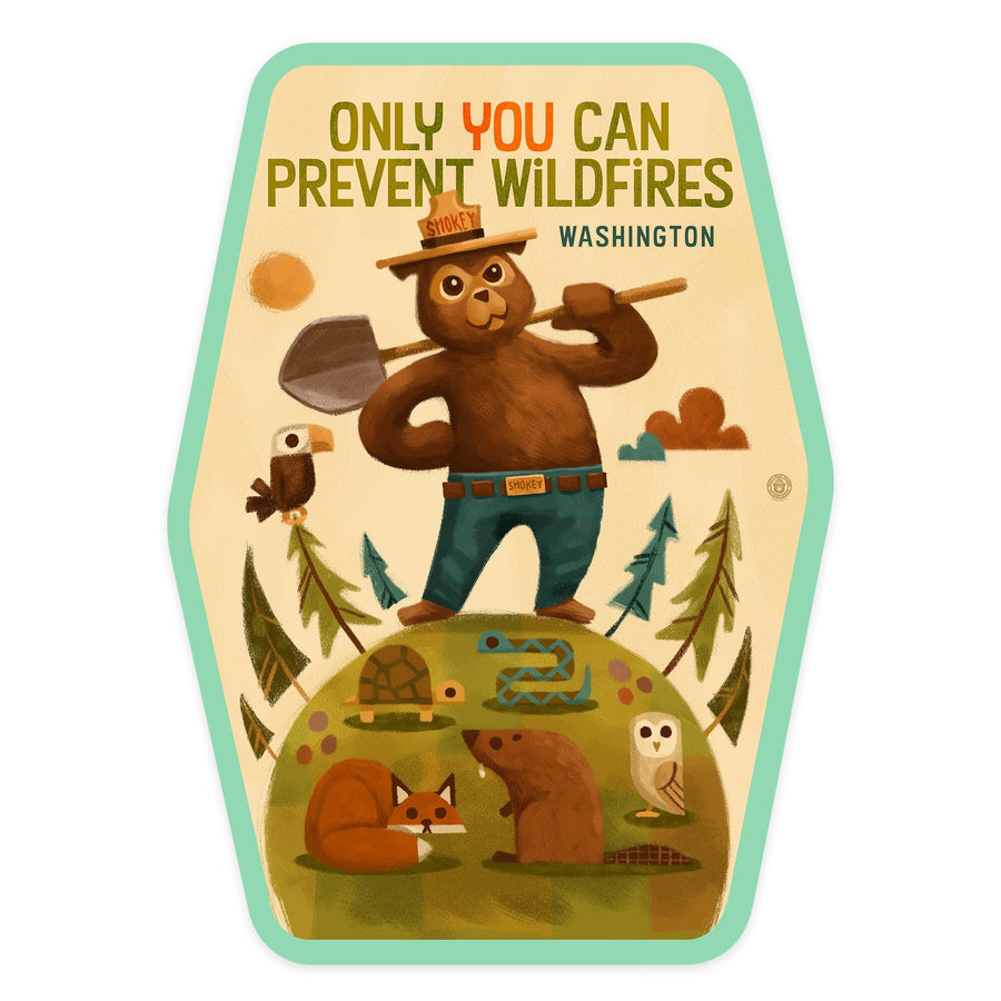 Washington, Smokey Bear with Shovel, Only You can prevent Wildfires, Contour, Vinyl Sticker Sticker Lantern Press