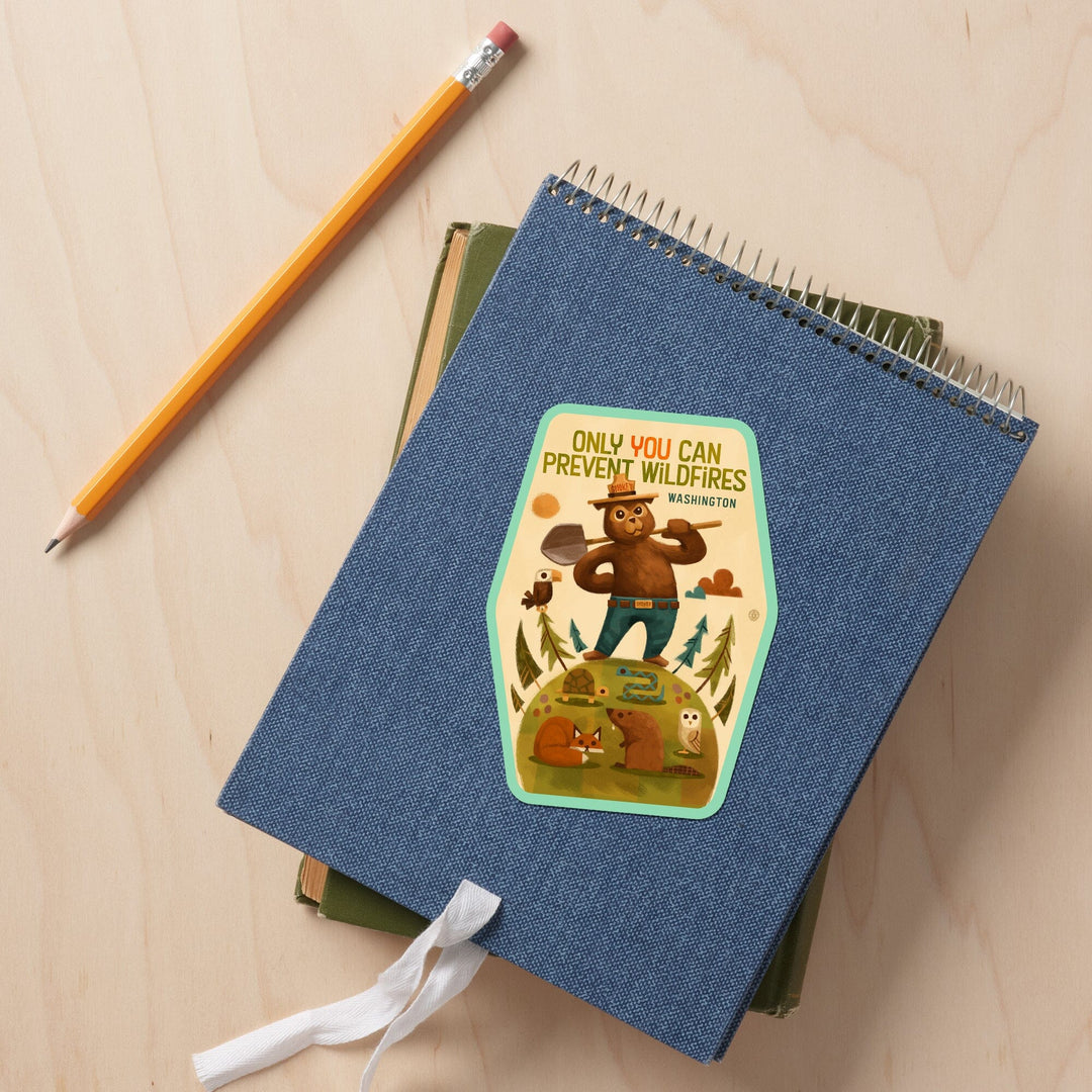 Washington, Smokey Bear with Shovel, Only You can prevent Wildfires, Contour, Vinyl Sticker Sticker Lantern Press