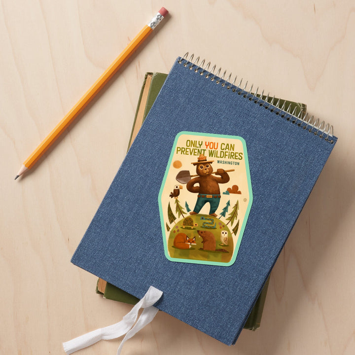 Washington, Smokey Bear with Shovel, Only You can prevent Wildfires, Contour, Vinyl Sticker Sticker Lantern Press