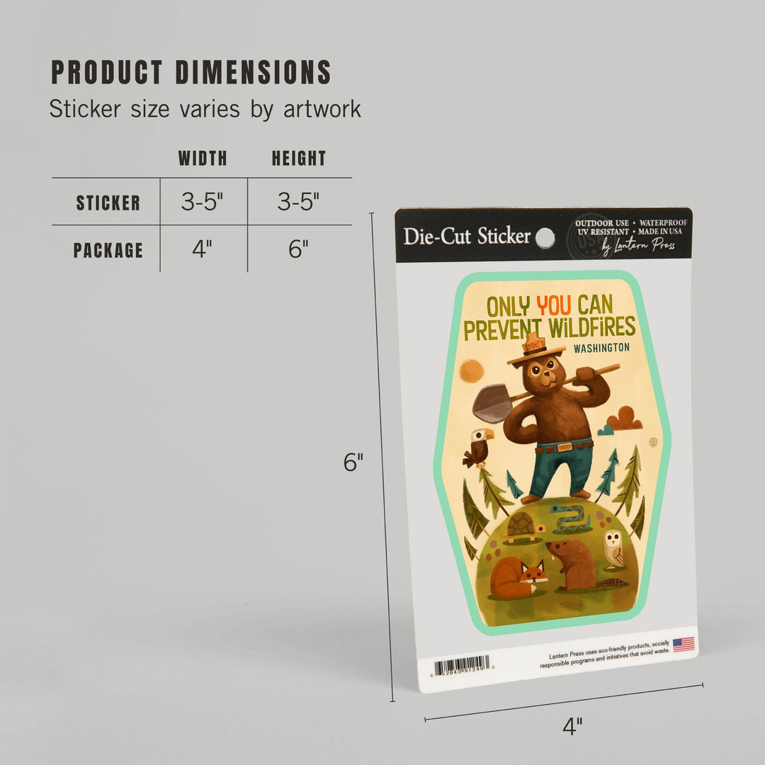 Washington, Smokey Bear with Shovel, Only You can prevent Wildfires, Contour, Vinyl Sticker Sticker Lantern Press