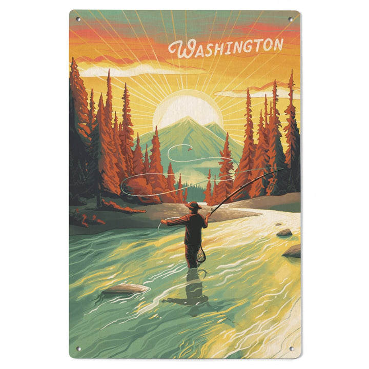 Washington, This is Living, Fishing with Mountain, Wood Signs and Postcards Wood Lantern Press