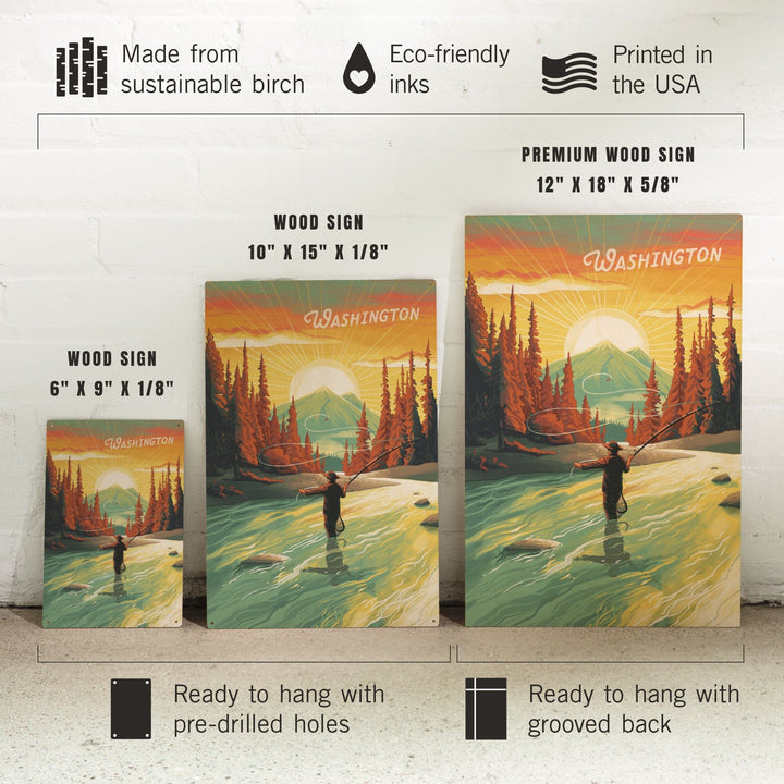 Washington, This is Living, Fishing with Mountain, Wood Signs and Postcards Wood Lantern Press
