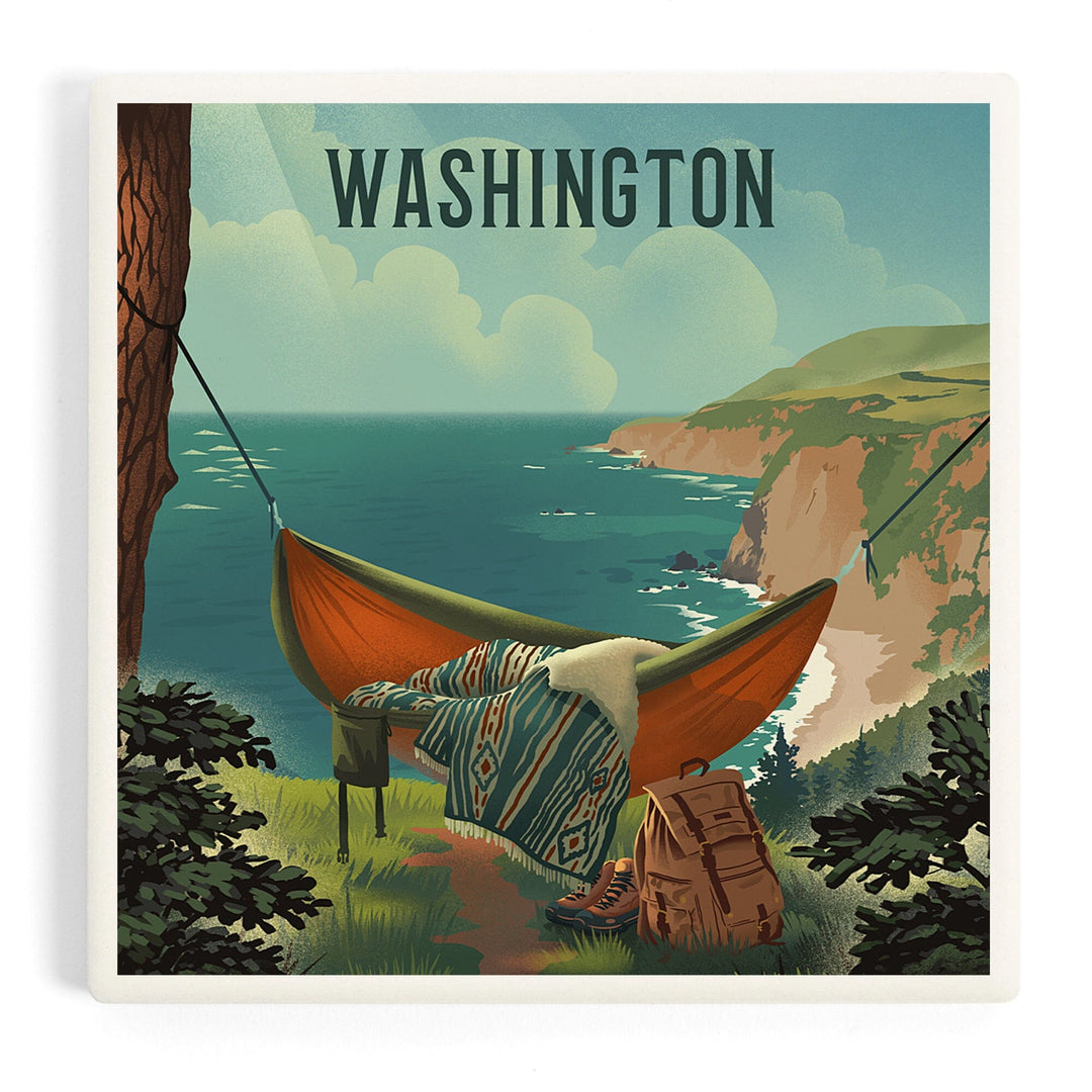 Washington, Today's Office, Coastal Series, Hammock on Beach, Coasters Coasters Lantern Press