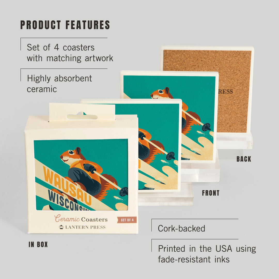 Wassau, Wisconsin, Ski Squirrel, Coasters Coasters Lantern Press