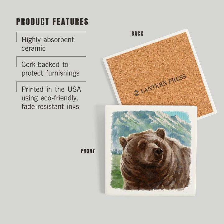 Watercolor Study, Grizzly Bear with Mountain, Coasters Coasters Lantern Press