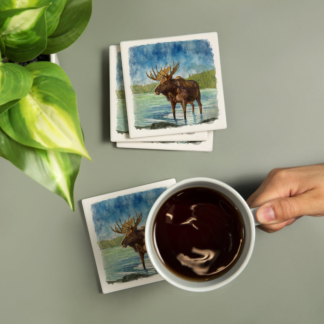 Watercolor Study, Moose with Mountain, Coasters Coasters Lantern Press