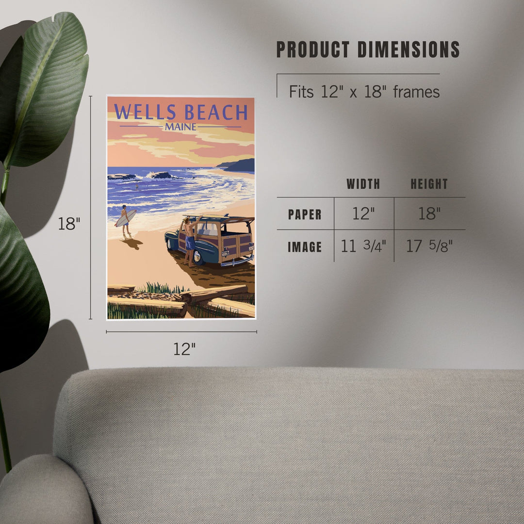 Wells Beach, Maine, Woody and Surfer on Beach, Art & Giclee Prints Art Lantern Press