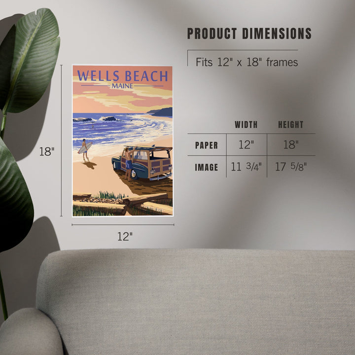 Wells Beach, Maine, Woody and Surfer on Beach, Art & Giclee Prints Art Lantern Press