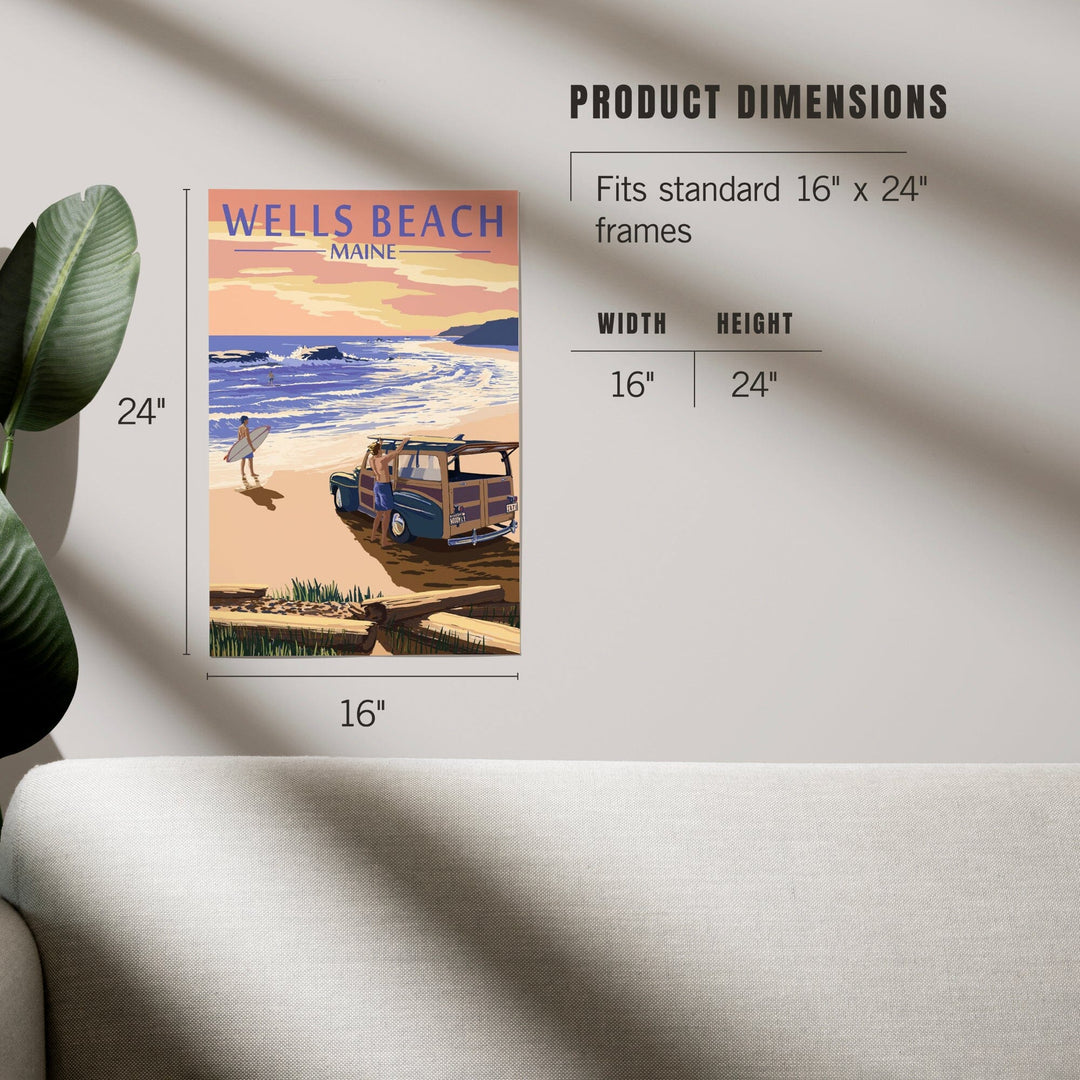 Wells Beach, Maine, Woody and Surfer on Beach, Art & Giclee Prints Art Lantern Press