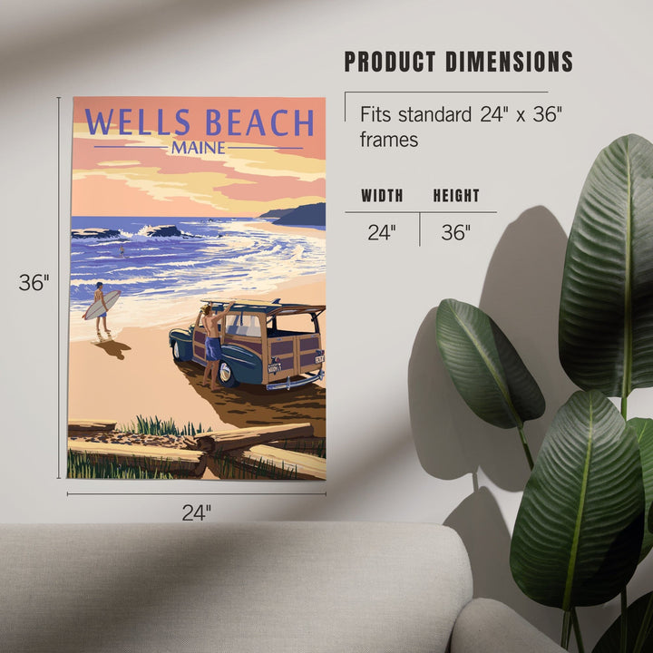 Wells Beach, Maine, Woody and Surfer on Beach, Art & Giclee Prints Art Lantern Press