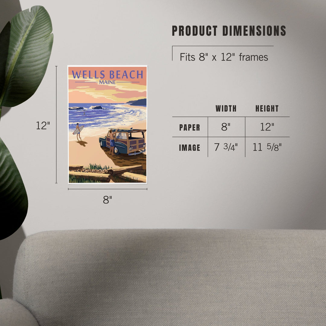 Wells Beach, Maine, Woody and Surfer on Beach, Art & Giclee Prints Art Lantern Press