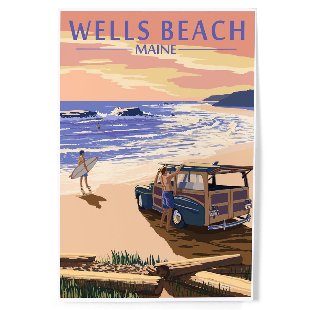 Wells Beach, Maine, Woody and Surfer on Beach, Art & Giclee Prints Art Lantern Press