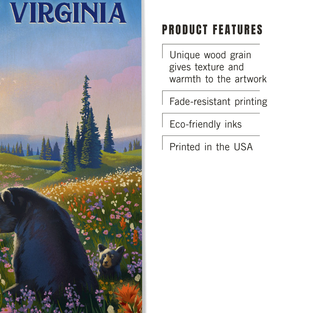 West Virginia, Lithograph, Bear Family in Field, Wood Signs and Postcards Wood Lantern Press