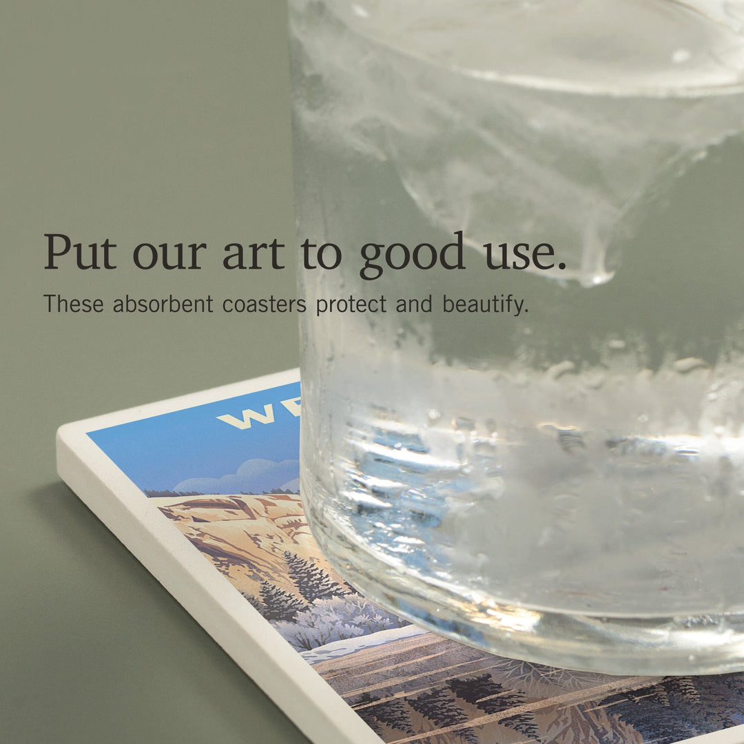 West Virginia, Lithograph, Lone Deer By Snowy Lake, Coasters Coasters Lantern Press