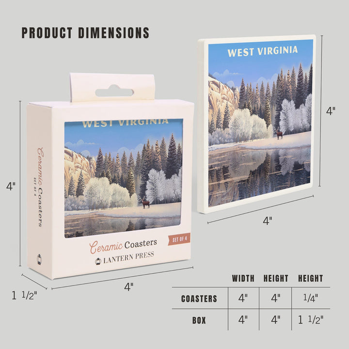 West Virginia, Lithograph, Lone Deer By Snowy Lake, Coasters Coasters Lantern Press